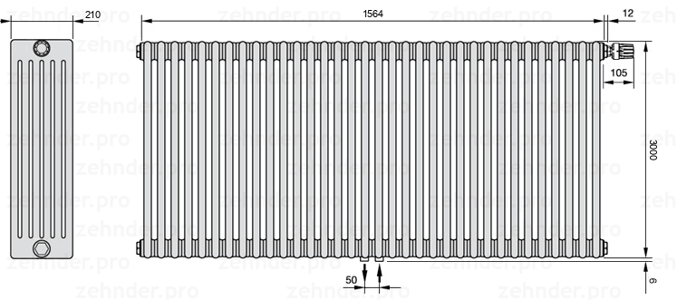 Схема (чертеж) Радиатор Zehnder Charleston 6300/34 №V008 Белый глянцевый RAL 9016